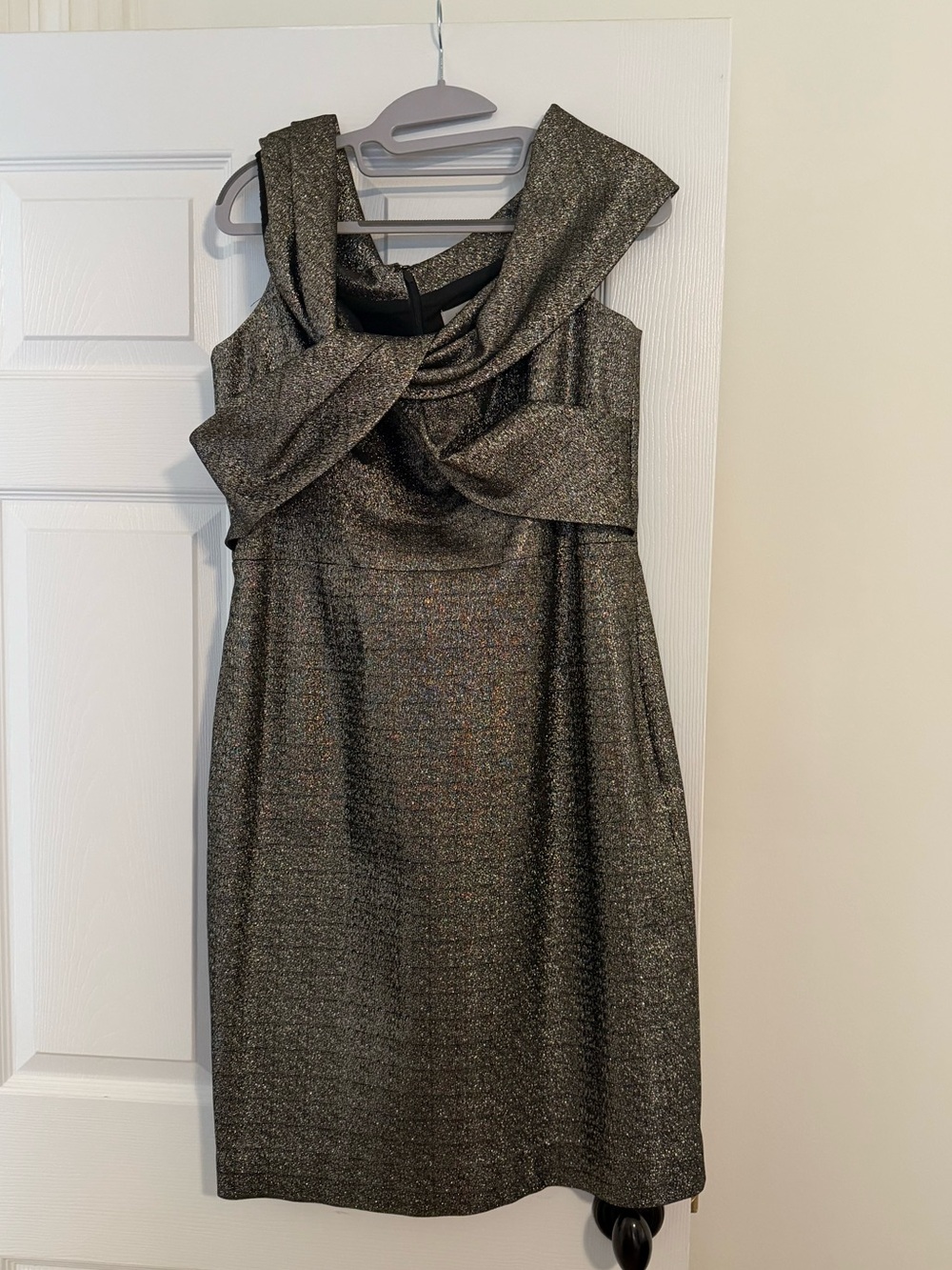 Teri Jon Metallic Charcoal Gold Cocktail Dress